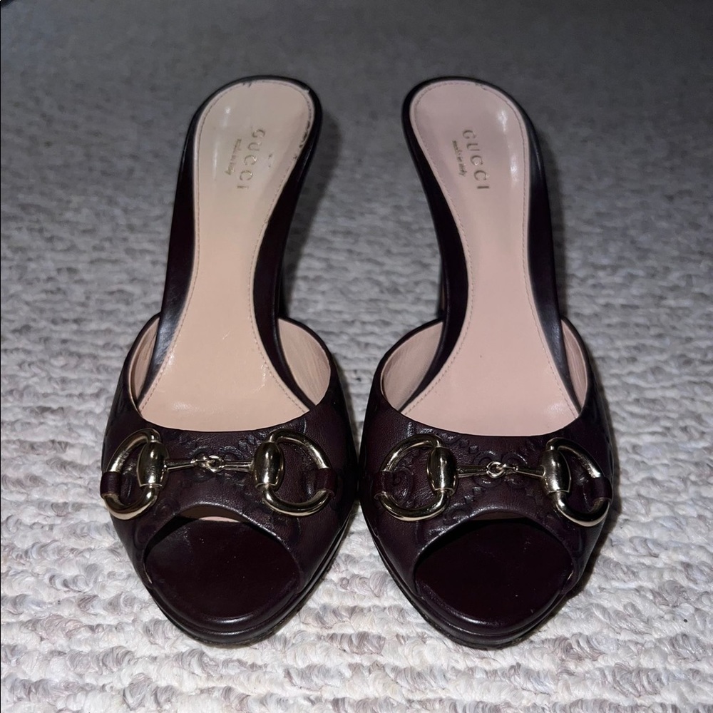 Leather Brown GG Monogram Heeled Slide